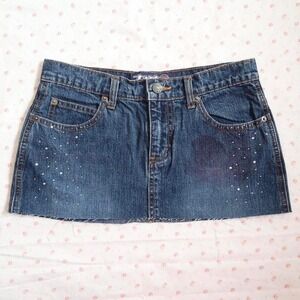 tyte vintage y2k denim micro mini skirt dark wash rhinestone raw hem size 3
